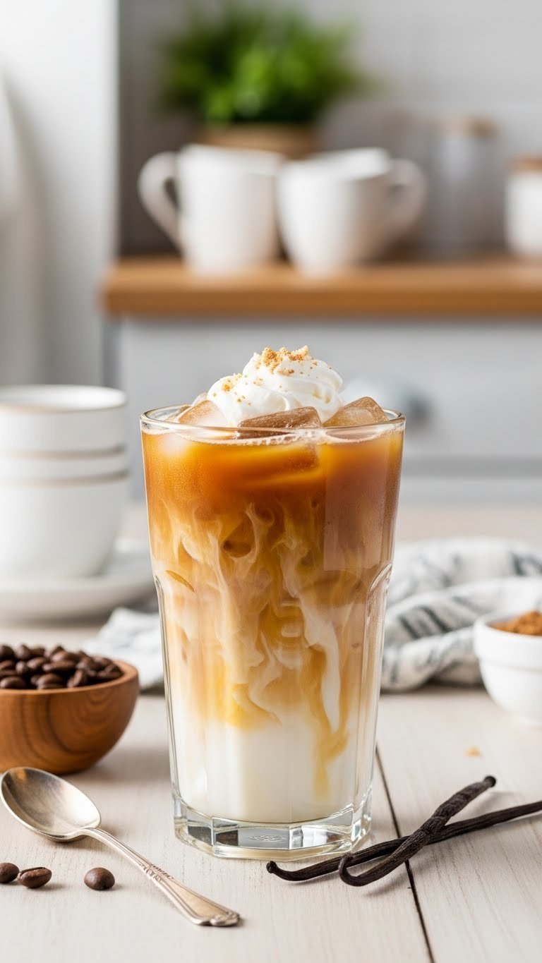 Golden-brown sugar-free vanilla iced coffee in clear glass with whipped cream, vanilla bean, and coffee beans on light wooden table.