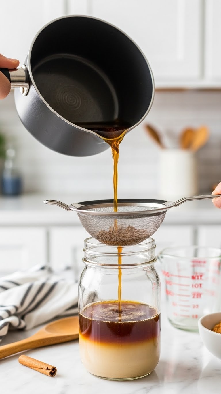 Golden brown teddy graham syrup being strained through fine-mesh sieve into glass mason jar
