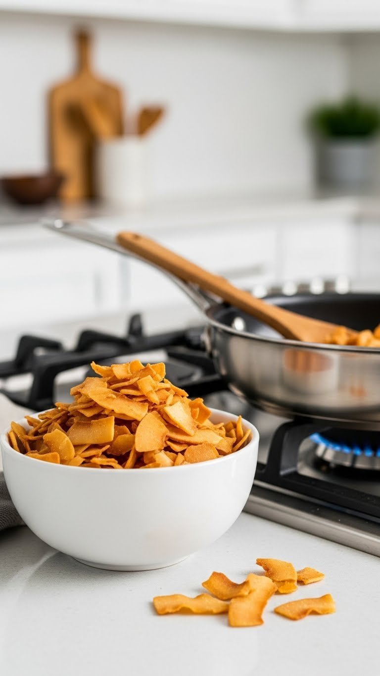 Golden-brown toasted coconut flakes piled in white ceramic bowl with stainless steel pan on light grey quartz kitchen counter
