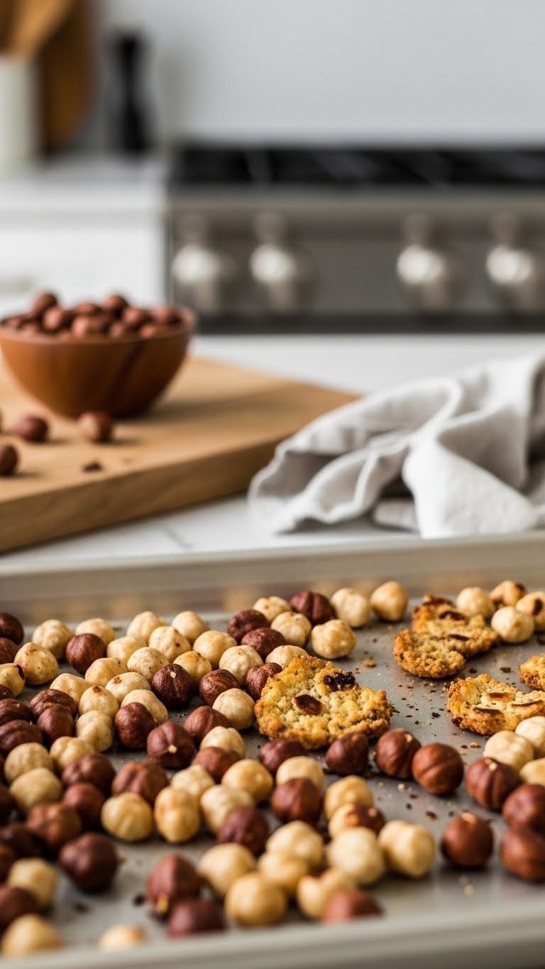 Golden-brown toasted hazelnuts scattered on baking sheet with soft kitchen background and warm golden hour lighting