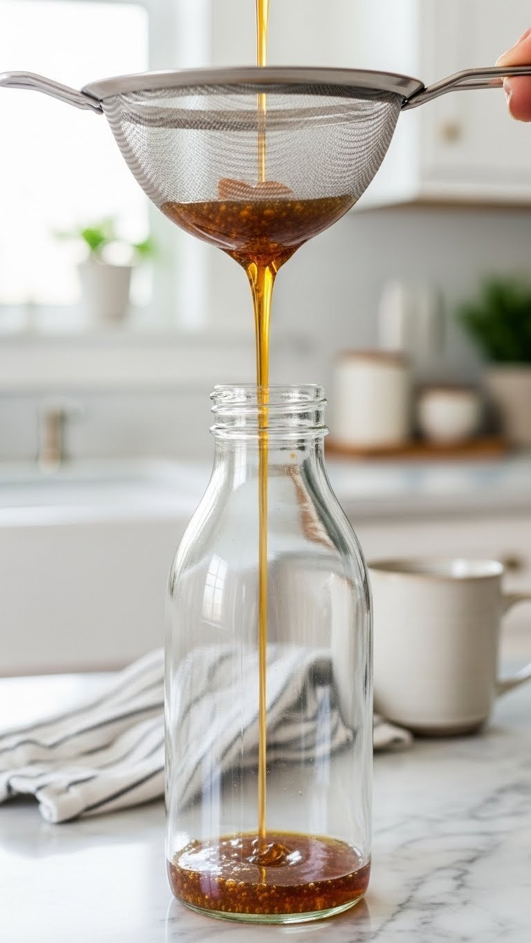 Golden-brown toffee nut syrup being poured through fine-mesh sieve into clear glass bottle on marble countertop