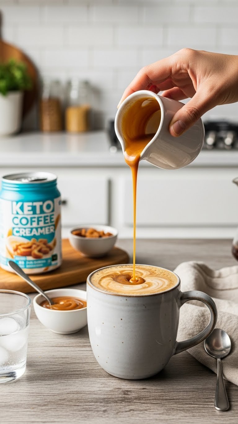 Golden caramel keto coffee creamer stirred into frothy coffee mug on distressed wooden table