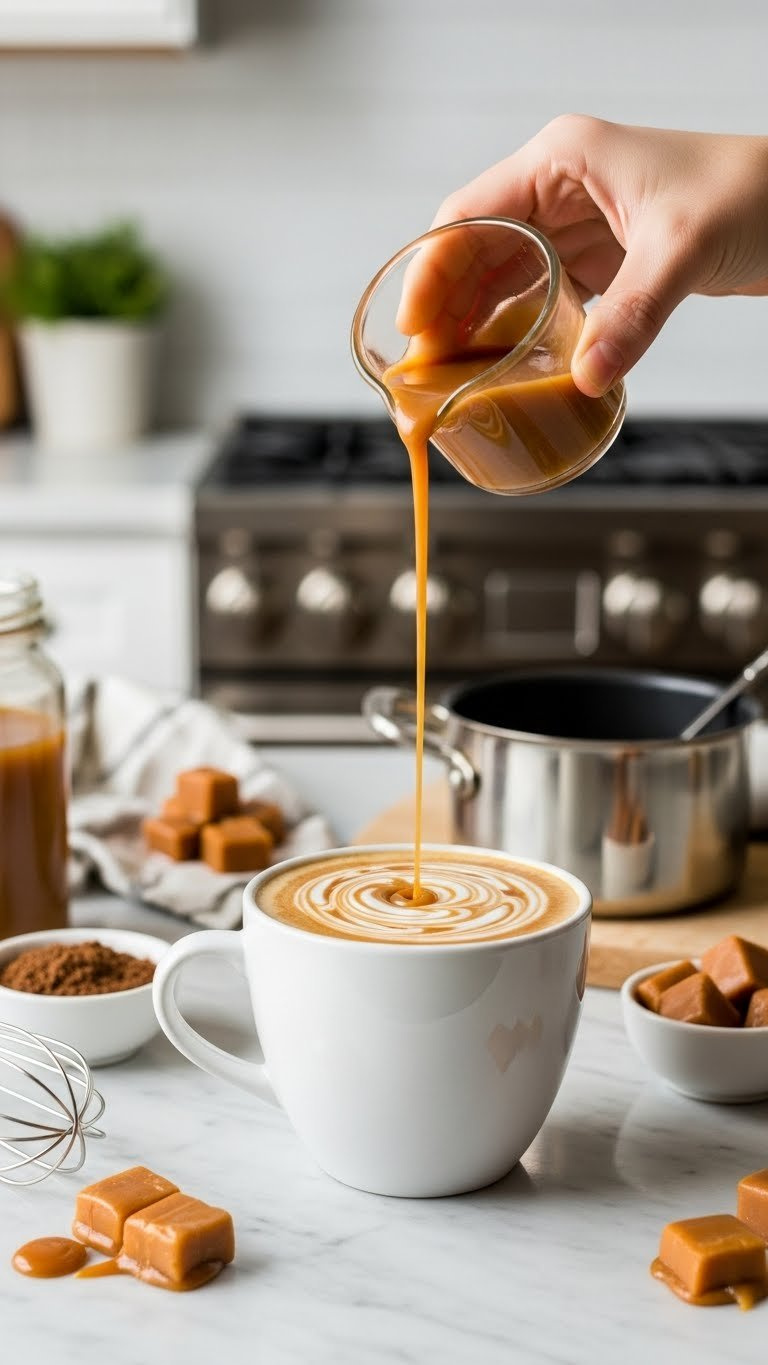 Golden caramel keto creamer drizzling into steaming coffee cup creating swirls on marble surface
