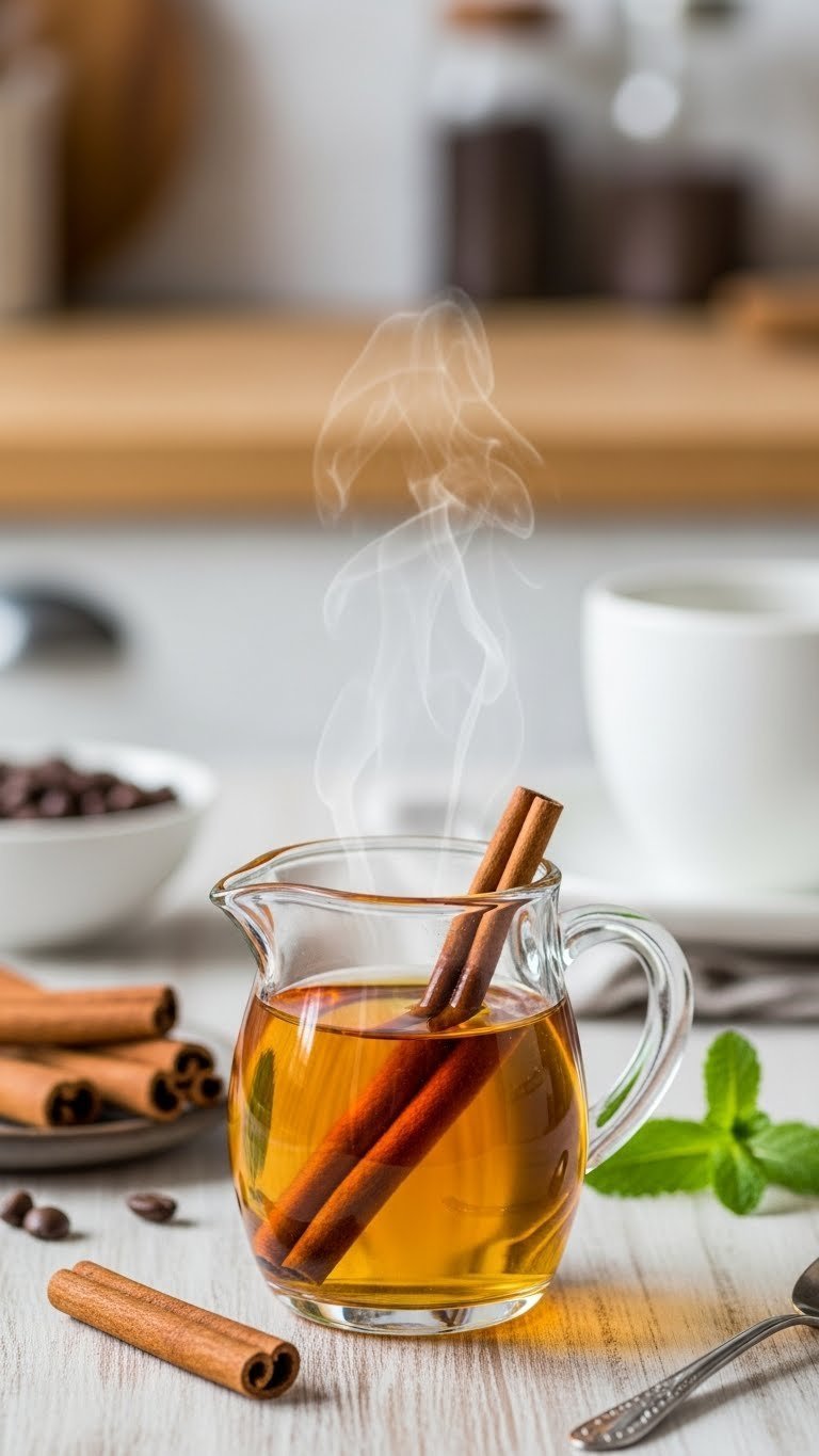 Golden cinnamon simple syrup swirling in glass pitcher with whole cinnamon sticks infusing on rustic wooden table.
