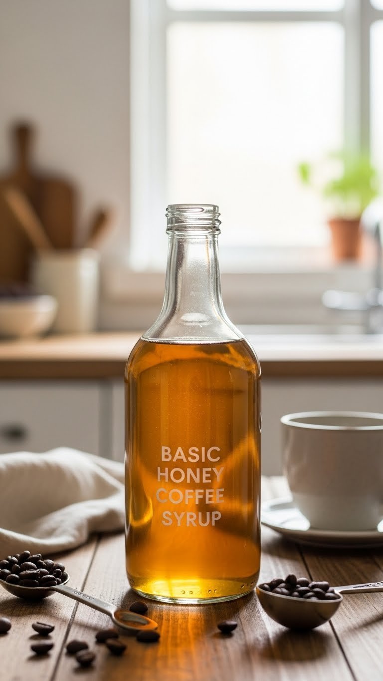 Golden honey coffee syrup in clear glass bottle on rustic wooden table with coffee beans and vintage spoon