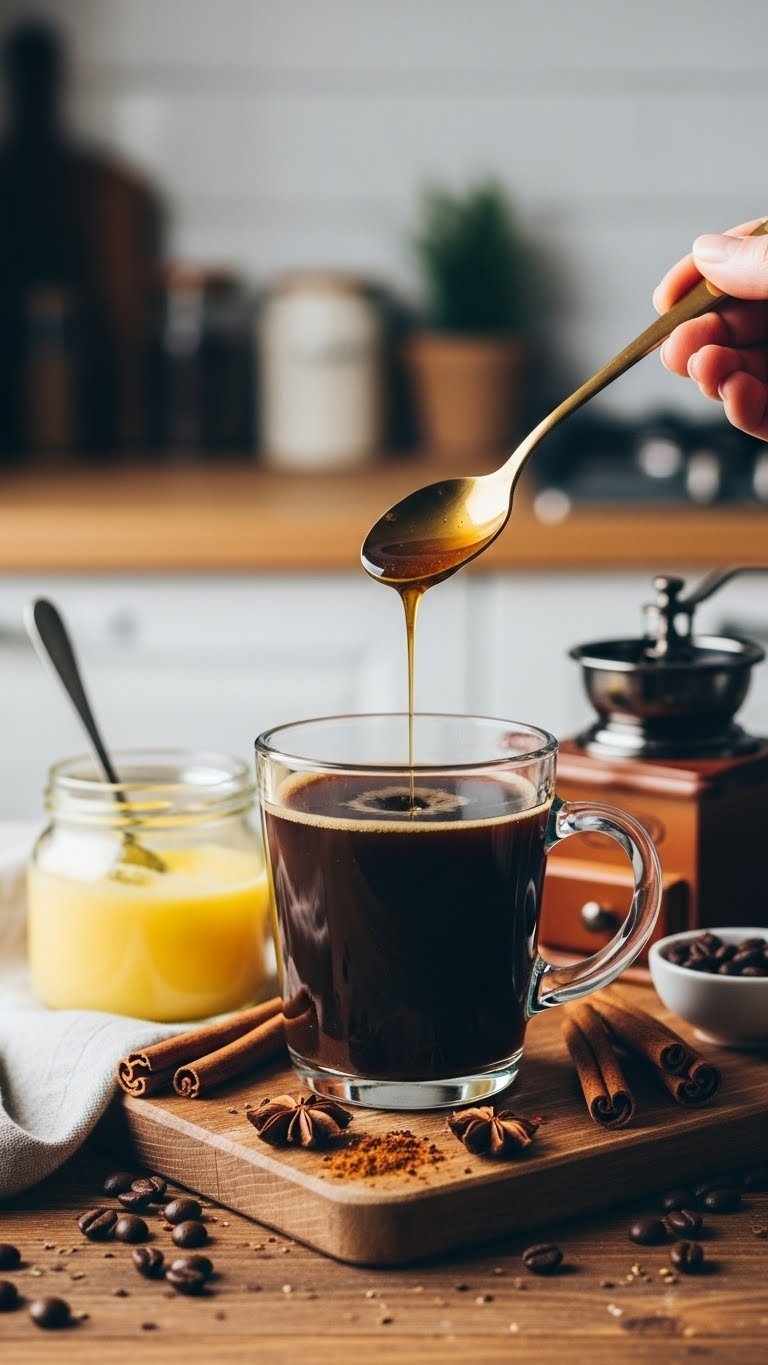 Golden liquid ghee spoon dripping into dark black coffee on rustic wooden board with scattered spices