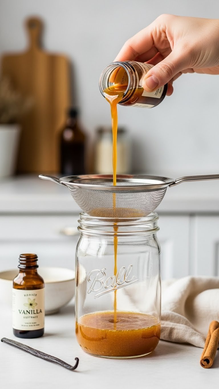 Golden-orange pumpkin coffee syrup being strained through fine-mesh sieve into glass jar with vanilla extract being added.