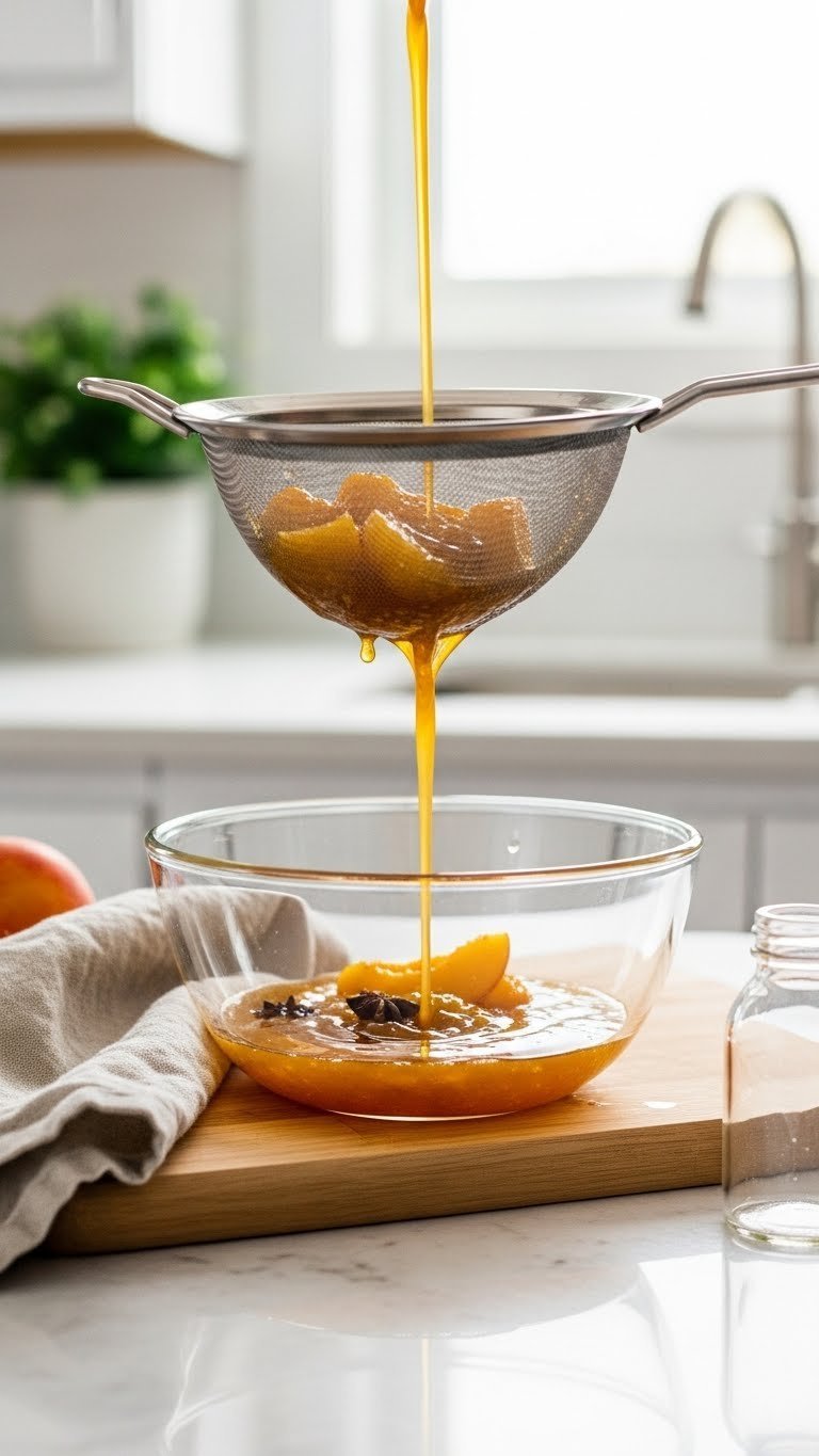 Golden peach syrup being strained through fine-mesh strainer into clear glass bowl with softened fruit pulp