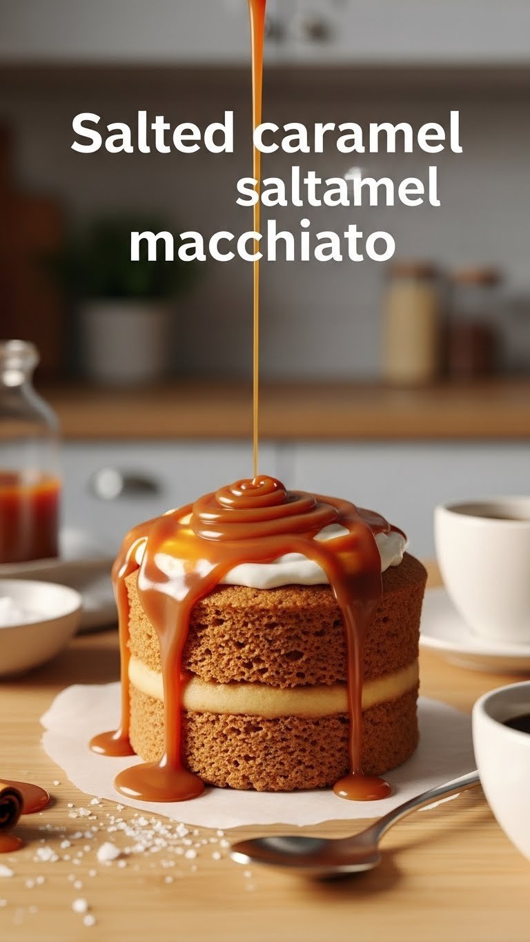 Golden salted caramel macchiato protein mug cake with thick sugar-free caramel, coffee, sea salt on wood. Cozy golden light.