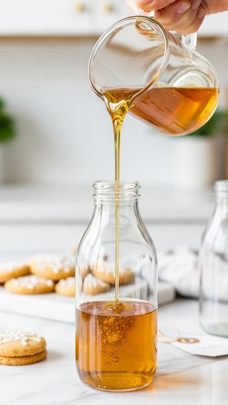 Golden sugar cookie syrup pouring in thick stream from glass pitcher into bottle on white marble countertop.