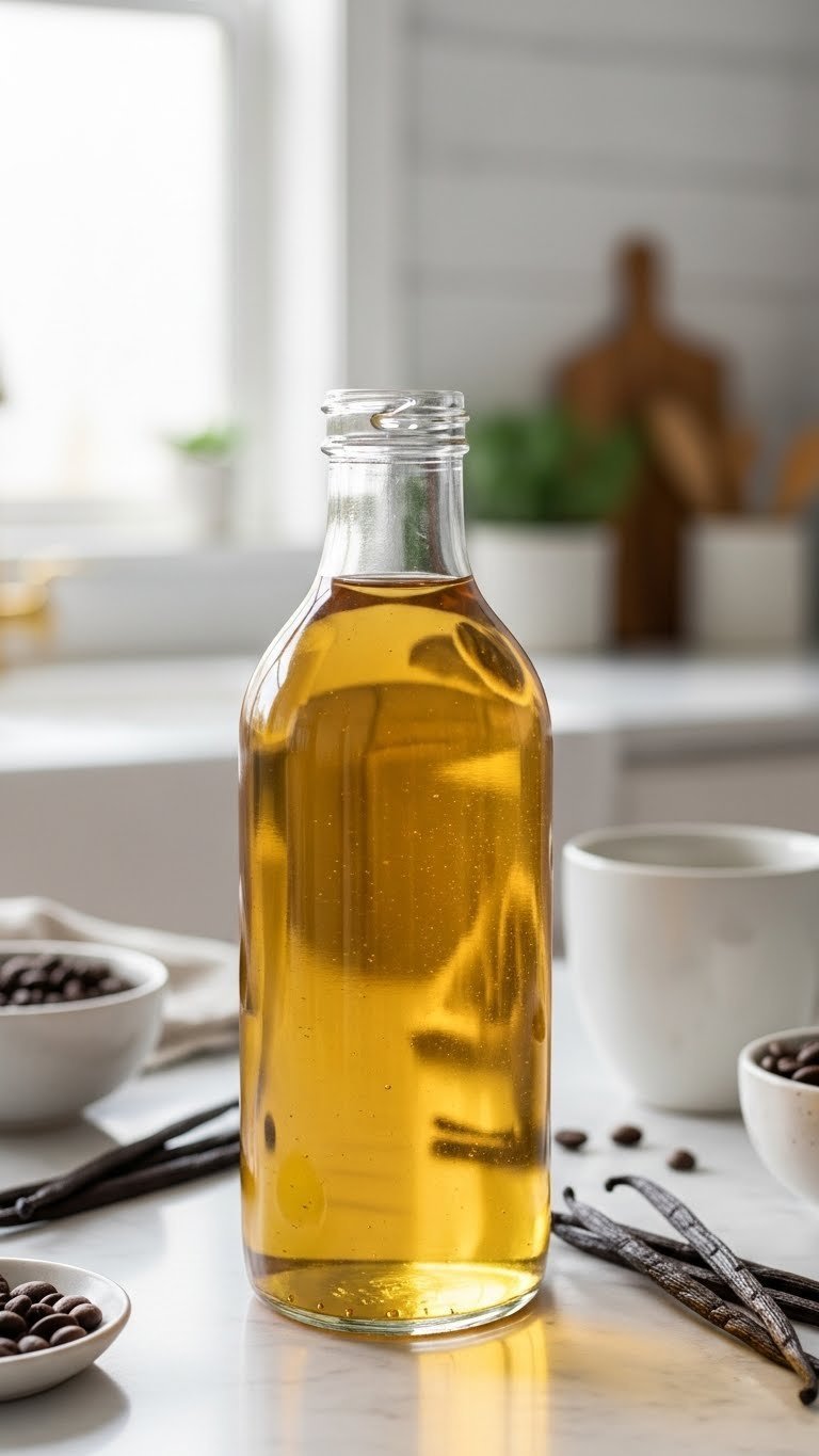 Golden sugar-free vanilla coffee syrup swirling in sleek glass bottle with vanilla bean specks on marble countertop