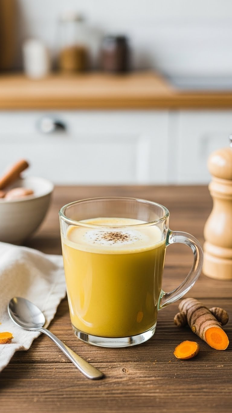 Golden turmeric black coffee in glass mug with black pepper garnish