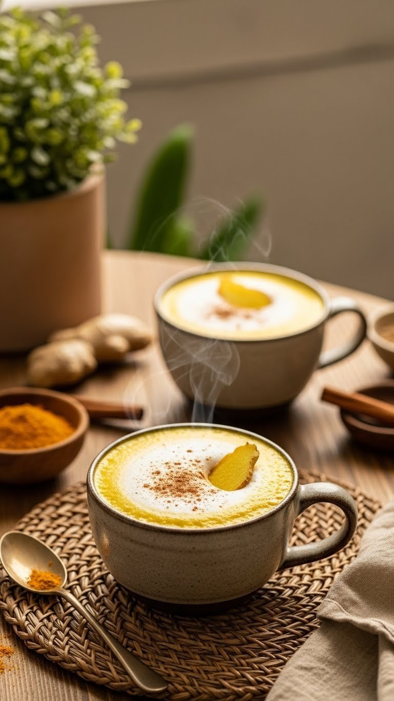 Golden turmeric ginger protein latte in a rustic mug with frothy milk and cinnamon on a wooden table, top-down view.