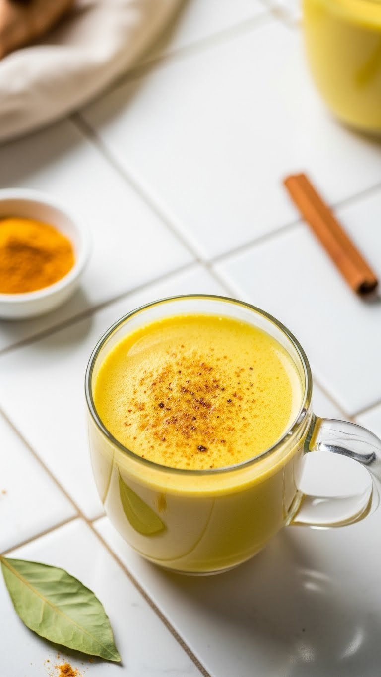 Golden turmeric protein coffee in a clear glass mug with spices, turmeric powder, and cinnamon stick on white tile.