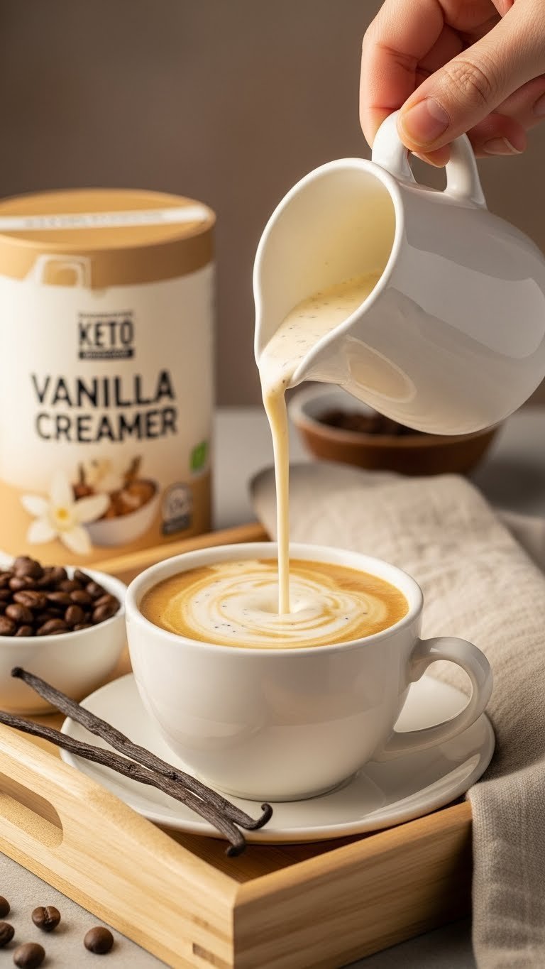 Golden vanilla bean keto coffee creamer pouring into coffee cup with visible vanilla bean specks and pod nearby