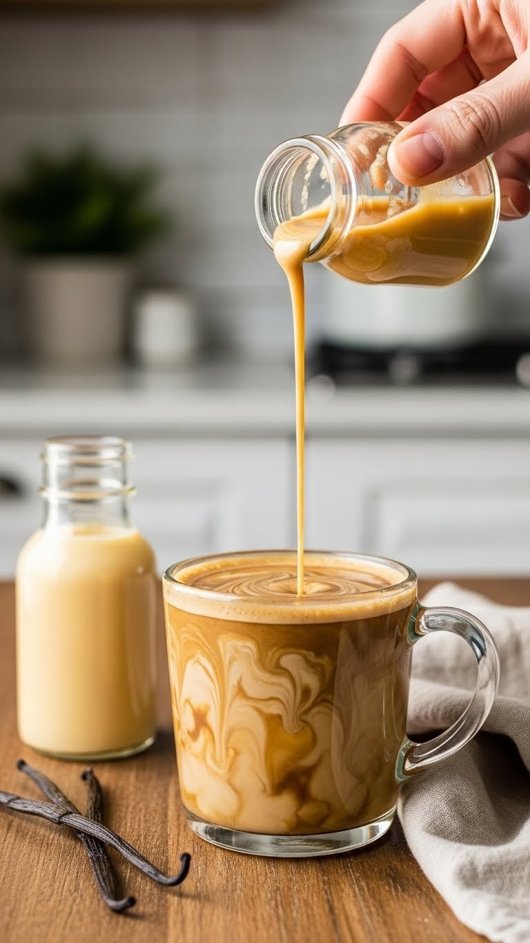 Golden vanilla keto coffee syrup swirling into freshly brewed coffee with vanilla beans on rustic wooden table