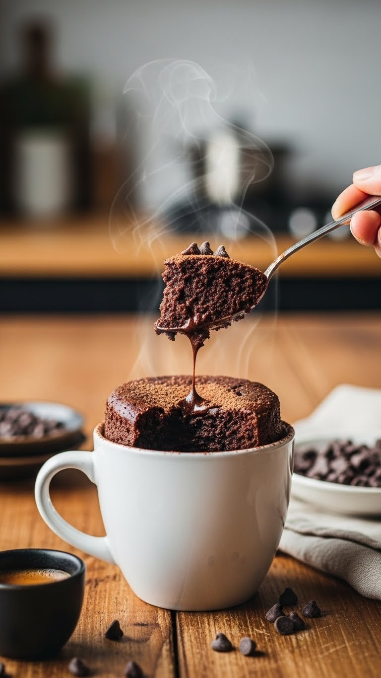 Gooey dark chocolate protein mug cake in a white mug, brownie texture, cocoa, melting chocolate chips on rustic wood, golden hour light.