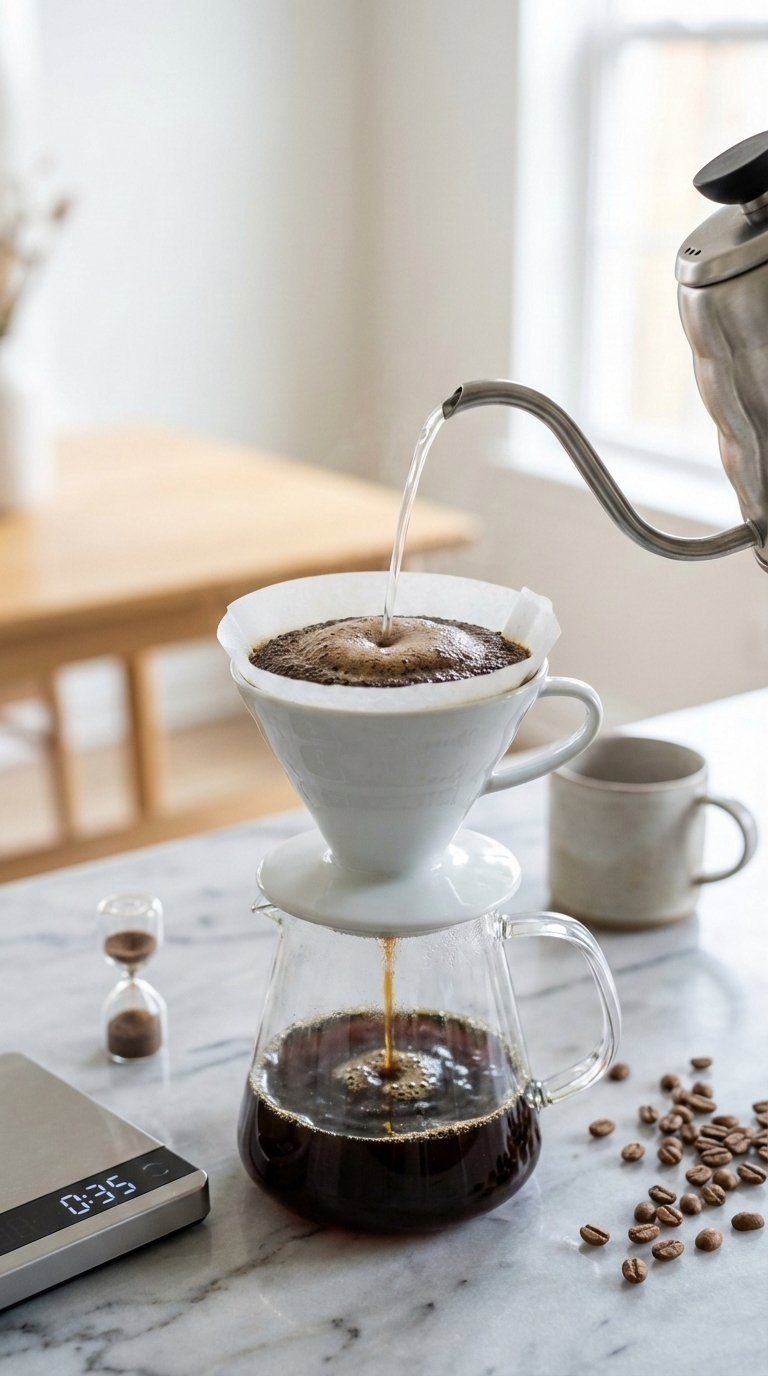 Gooseneck kettle pouring hot water into pour-over cone with blooming coffee grounds and glass carafe on marble countertop