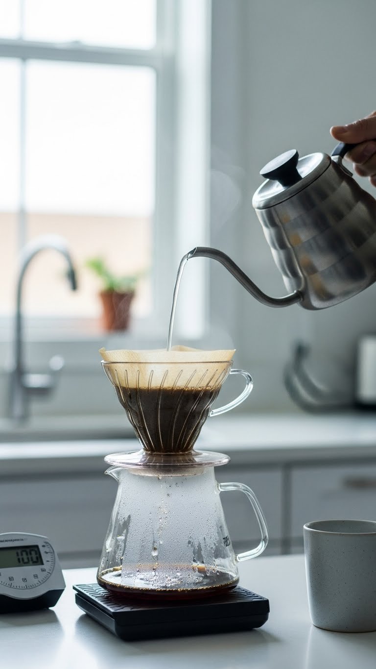 Gooseneck kettle pours over V60 grounds for smooth black coffee.