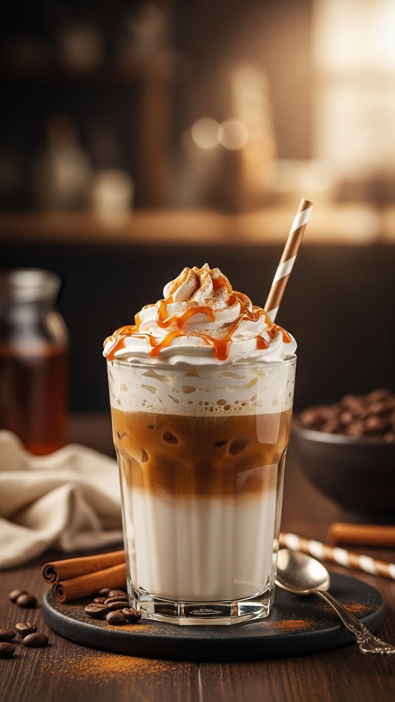 Gourmet iced coffee topped with whipped cream, caramel drizzle, and cinnamon sprinkle in clear glass on dark countertop.