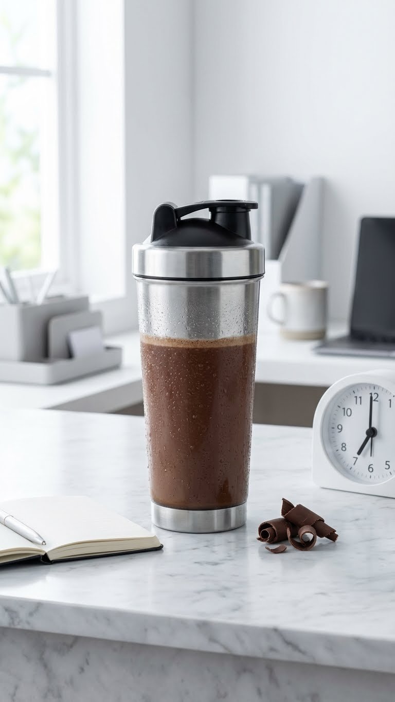 Grab-and-go Mocha Protein Coffee in a stainless shaker bottle on marble with office items, perfect for busy mornings.