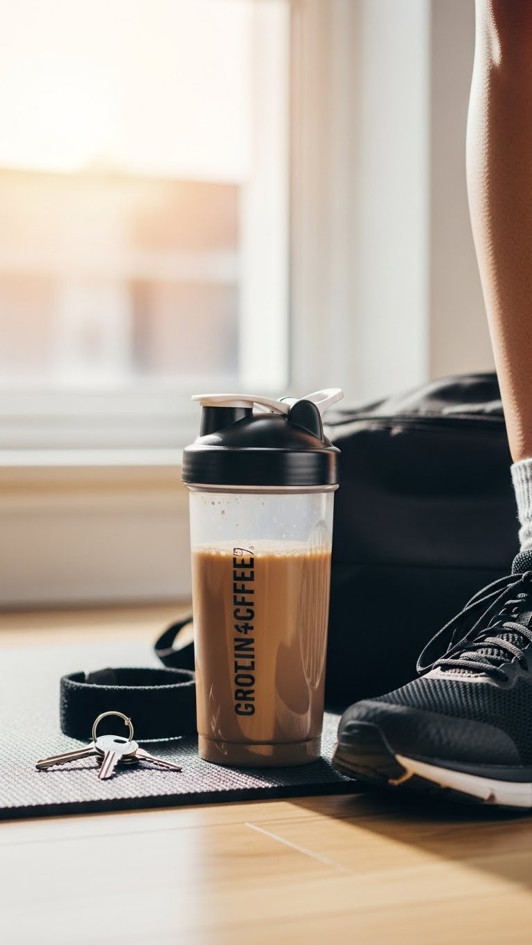 Grab-and-go protein coffee in shaker bottle next to running shoe on gym mat, fitness lifestyle, workout.
