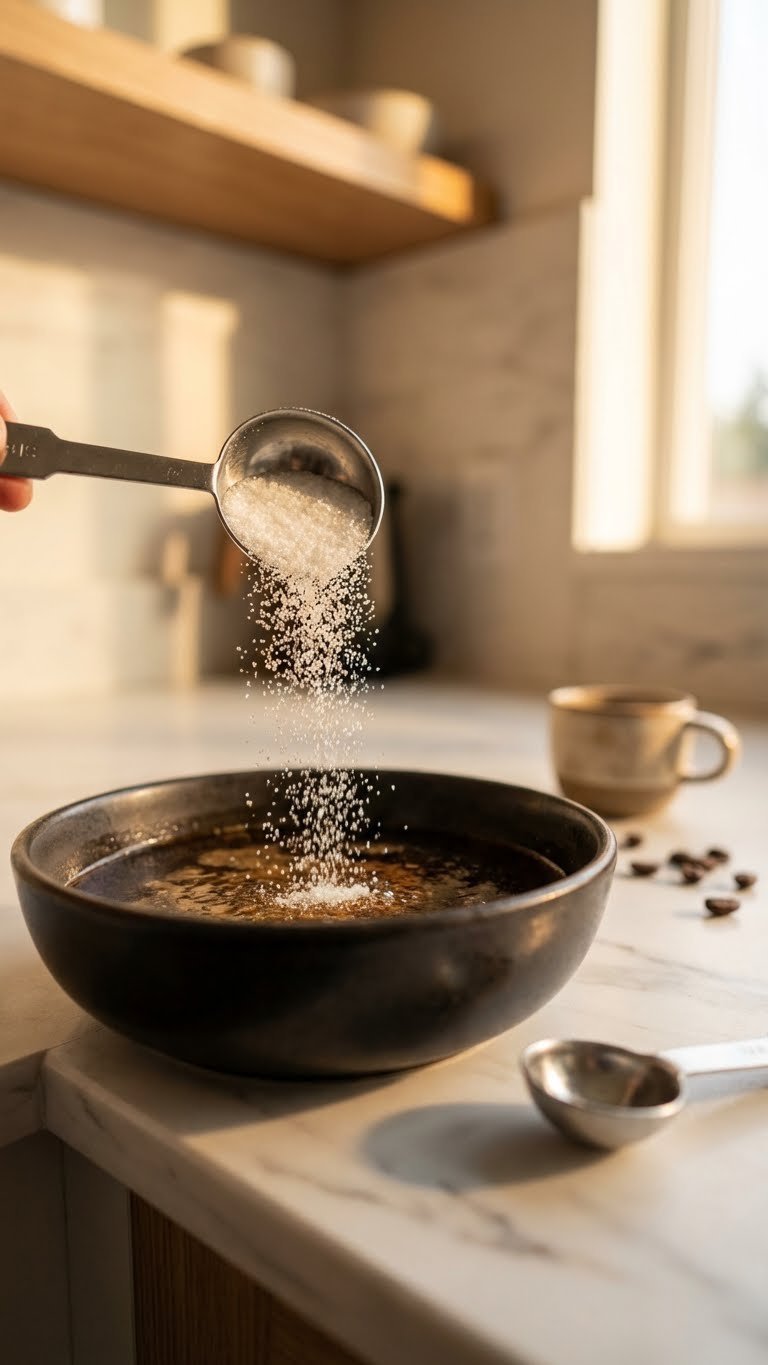 Ground Coffee Whipped: 9 Essential Tips for Dalgona Foam 5 Granular sugar sprinkles into dark coffee concentrate in a bowl on a marble countertop, with a measuring spoon nearby.