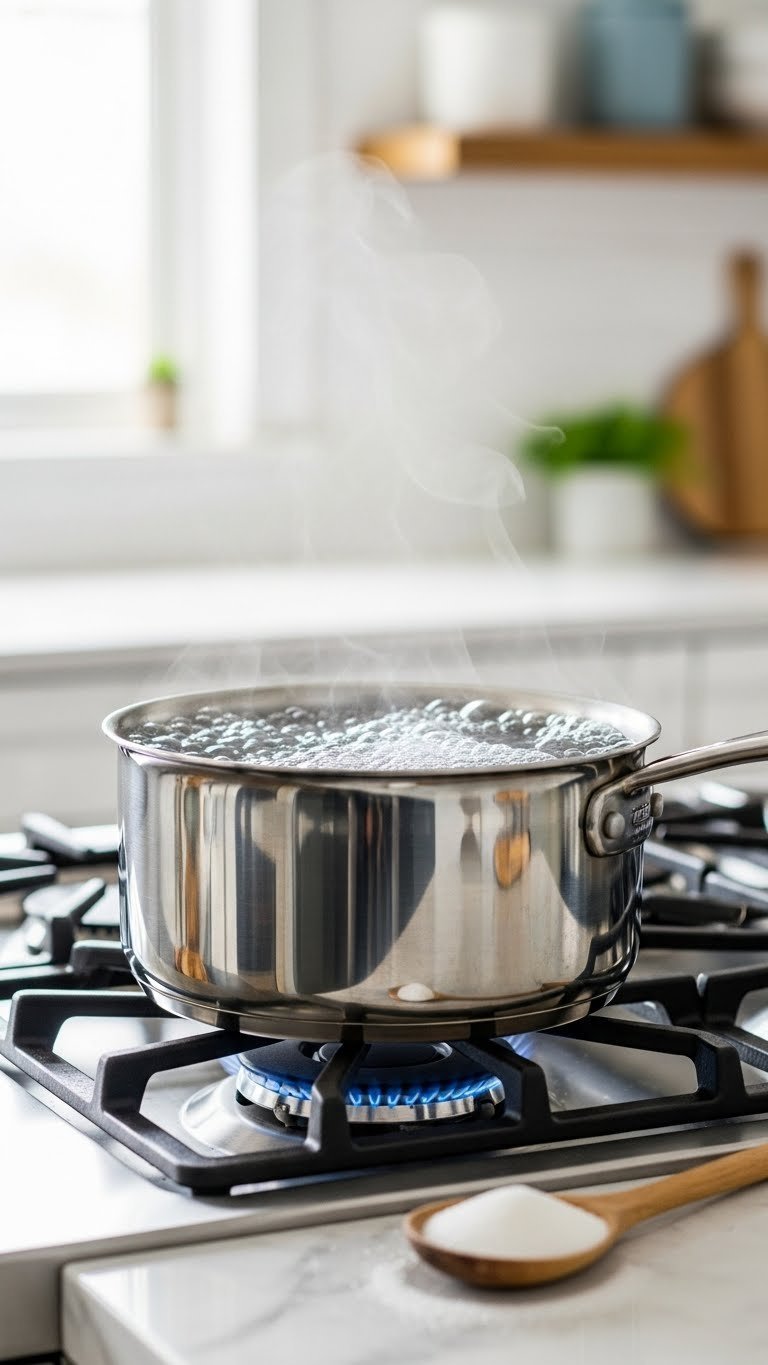 Granulated sugar dissolving in clear water with tiny bubbles forming in gleaming stainless steel saucepan on stovetop