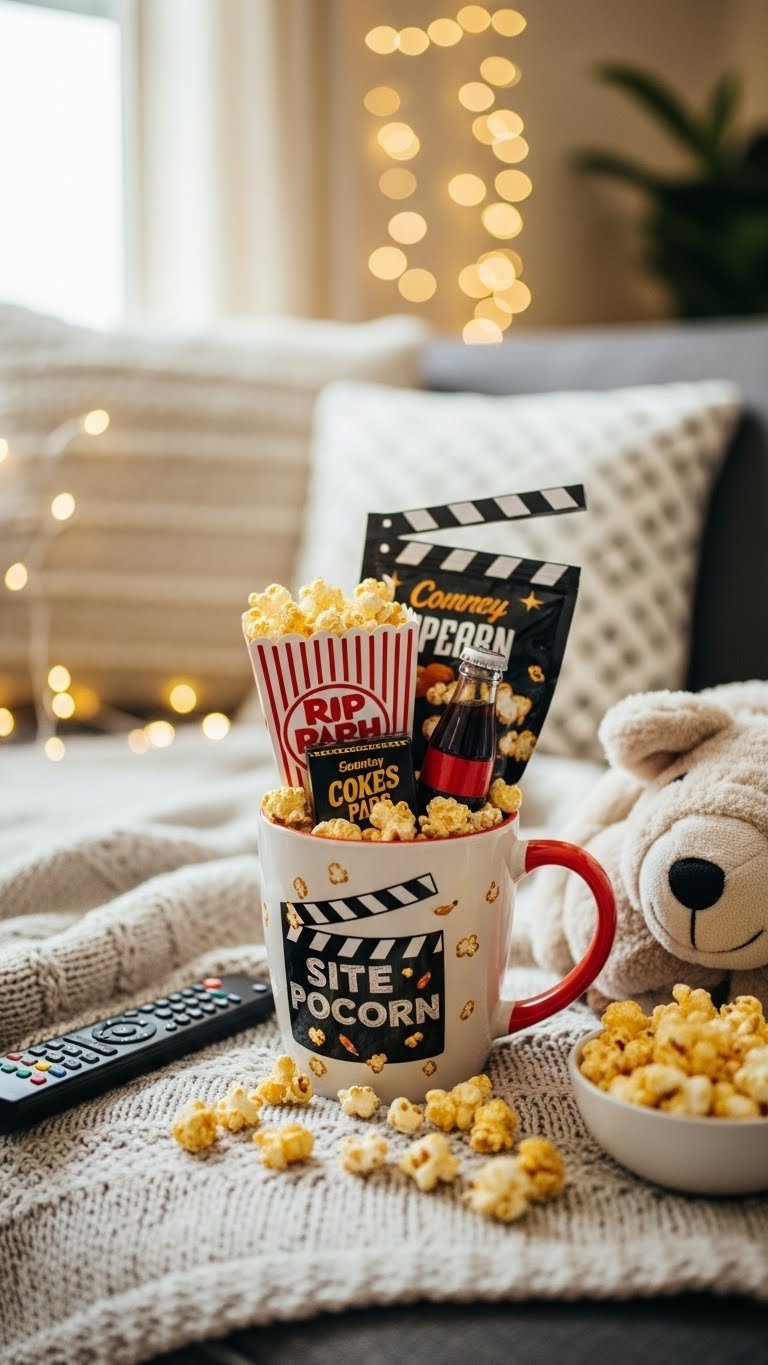 Graphic popcorn-themed mug with gourmet popcorn kernels, movie candy, soda, and fuzzy blanket in cozy living room setting.