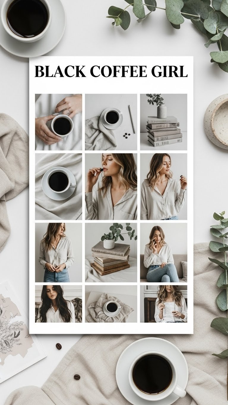 Grid layout flat lay representing black coffee aesthetic social feed with coffee, books, and outfit details on light wooden desk