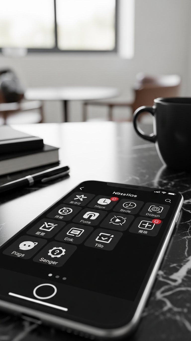 Grid of minimalist app icons widget on smartphone screen against dark marble surface with notebooks in clean organized workspace photography