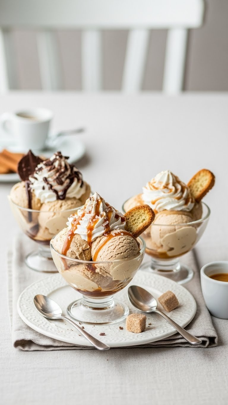 Group shot of three whipped coffee ice cream variations with chocolate, caramel, and cinnamon toppings on linen tablecloth