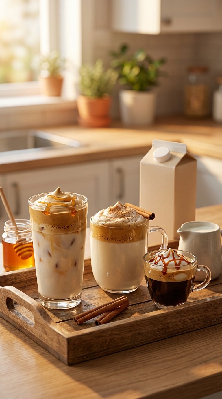 Essential Whipped Honey Coffee: Thick & Fluffy Foam 13 Group shot of three whipped honey coffee variations including iced almond milk and hot cinnamon-topped versions