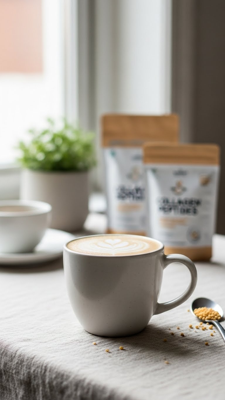 Gut-friendly collagen coffee in a minimalist ceramic mug with foam on a linen tablecloth, with collagen peptides nearby.