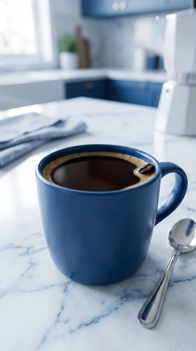 HD 4K extreme close-up of black coffee in ceramic mug on marble countertop showcasing rich liquid texture