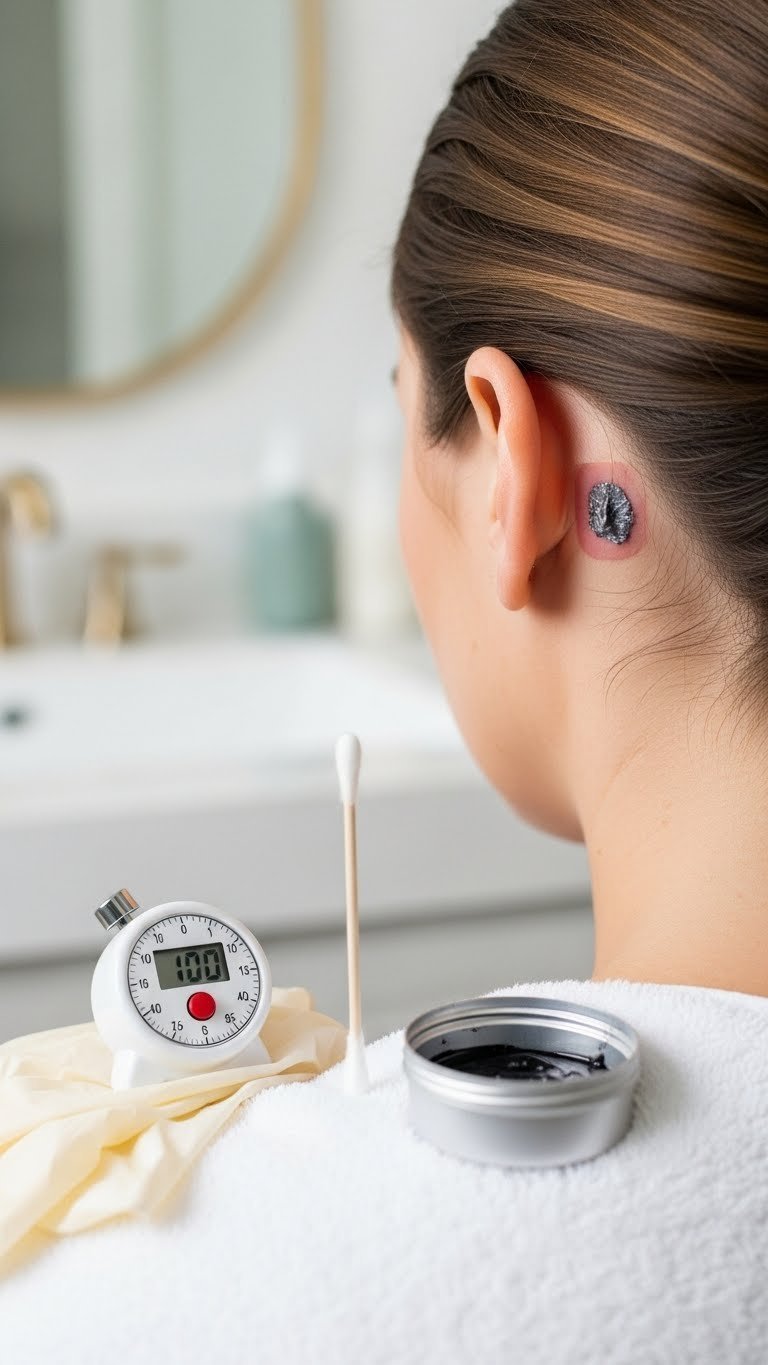 Hair dye patch test on skin behind ear with cotton swab for allergy safety check