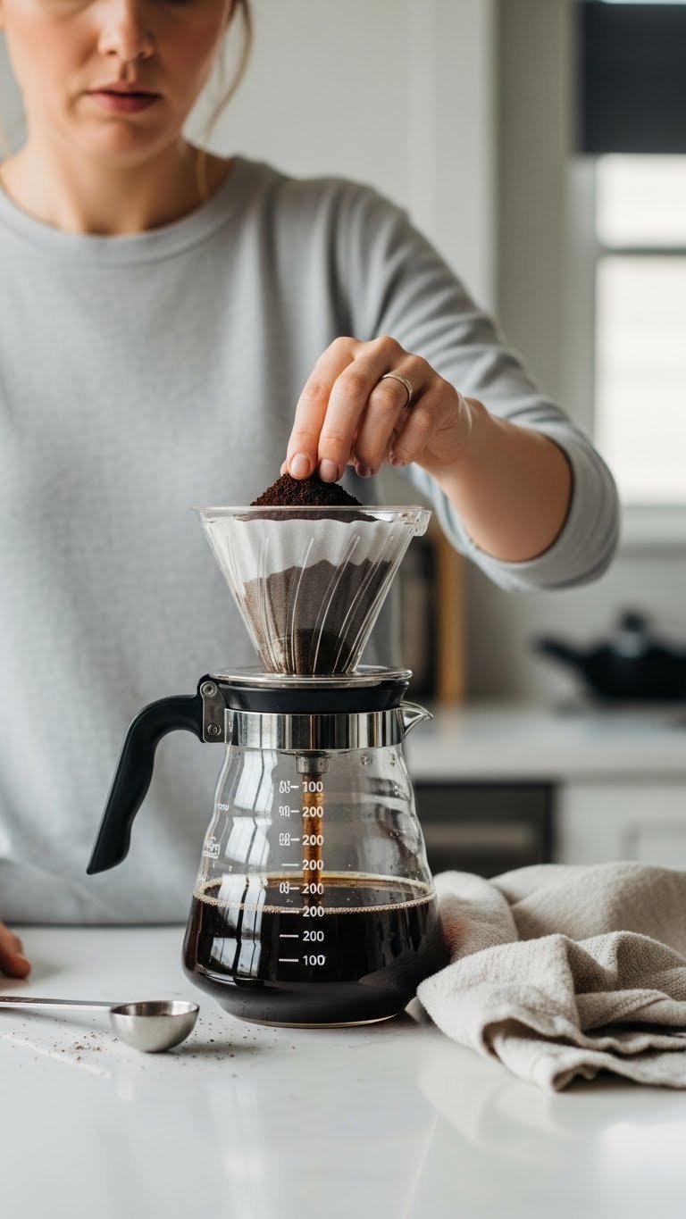Hand adjusting coffee filter in cold brew maker with concerned expression and natural kitchen lighting