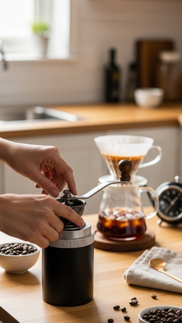 Hand adjusting coffee grinder settings with V60 brewing setup blurred in background