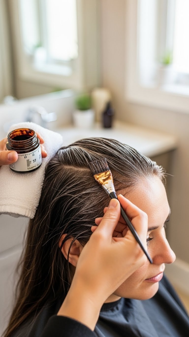 Hand applying coffee-based hair dye mixture to cover grey roots with precision brush application