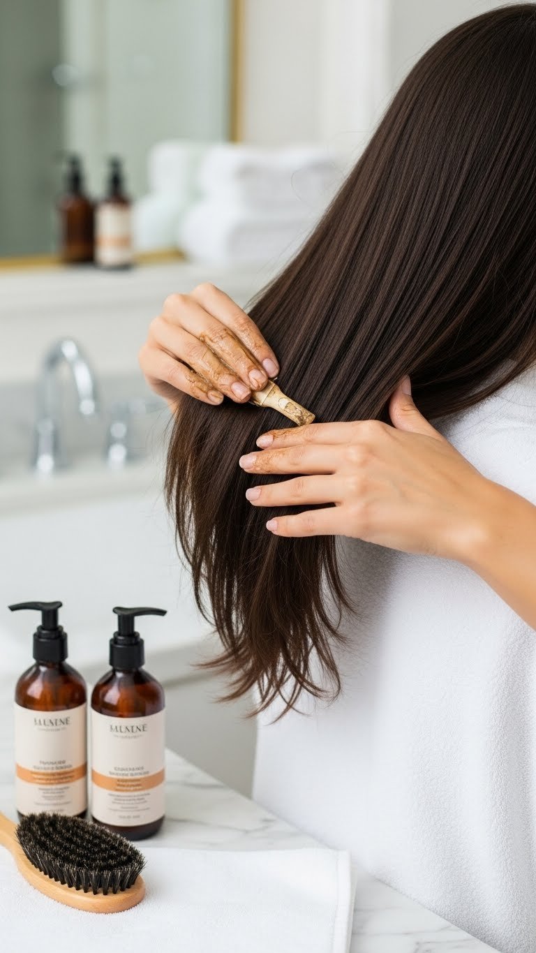 Hand applying hair mask to vibrant espresso brunette hair on white towel in spa-like setting