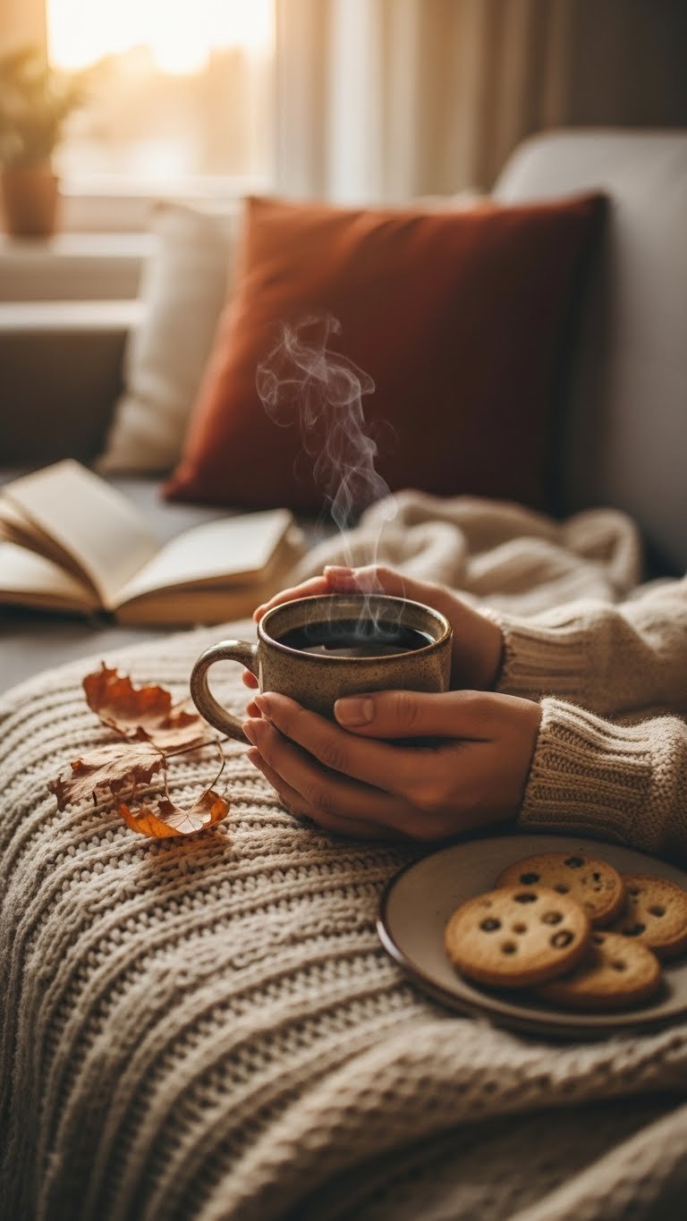 Hand cradling warm rustic ceramic mug of black coffee with steam rising in cozy sunlit setting