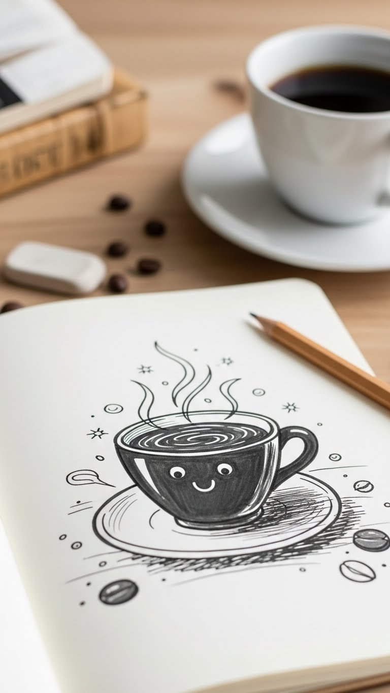Hand-drawn black coffee doodle in sketchbook with pencil on wooden desk workspace