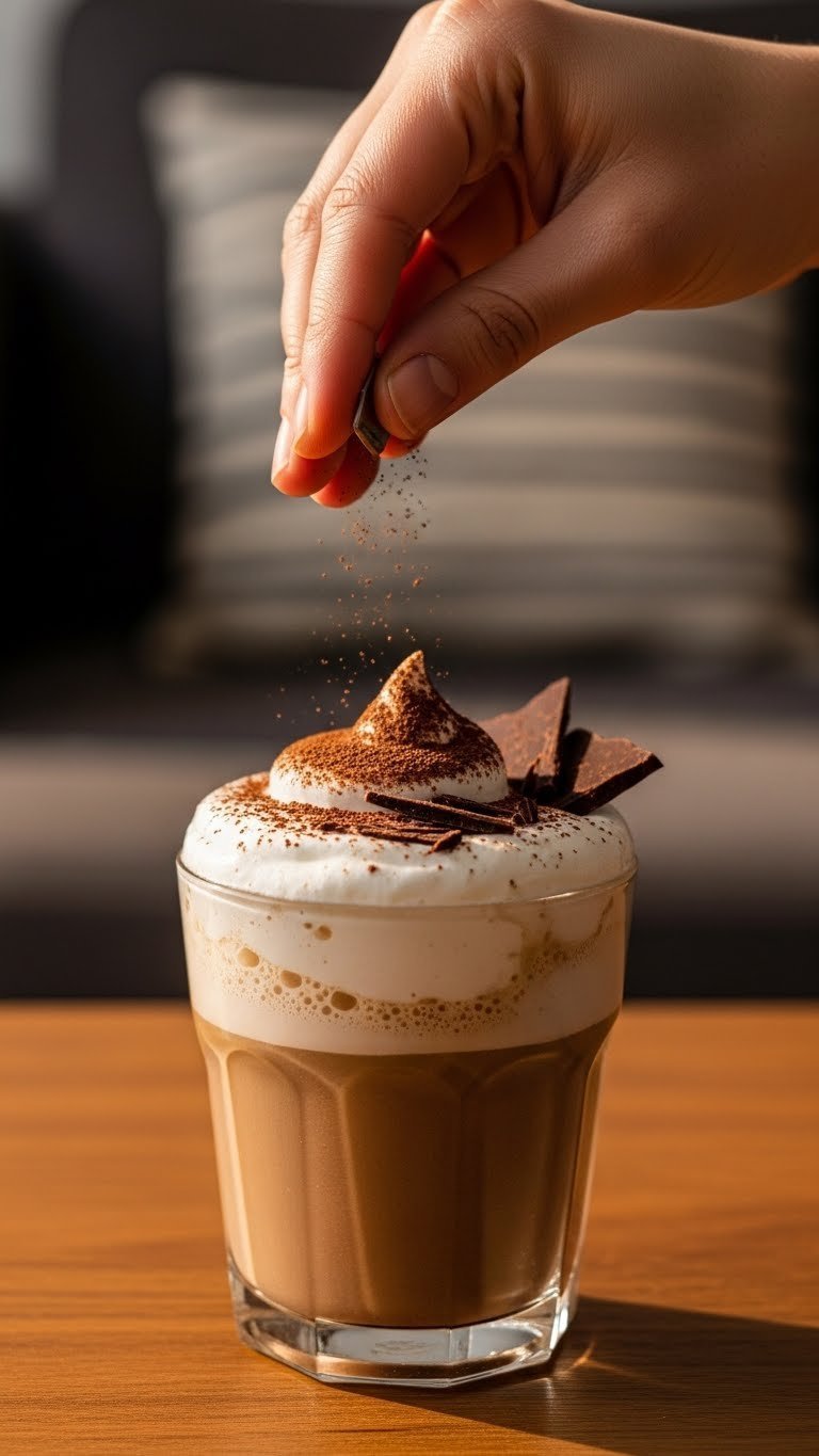 Whipped Coffee With Oat Milk Easy Vegan Recipe That Always Works 13 Hand garnishing whipped coffee with cocoa powder and chocolate shavings on fluffy foam topping.