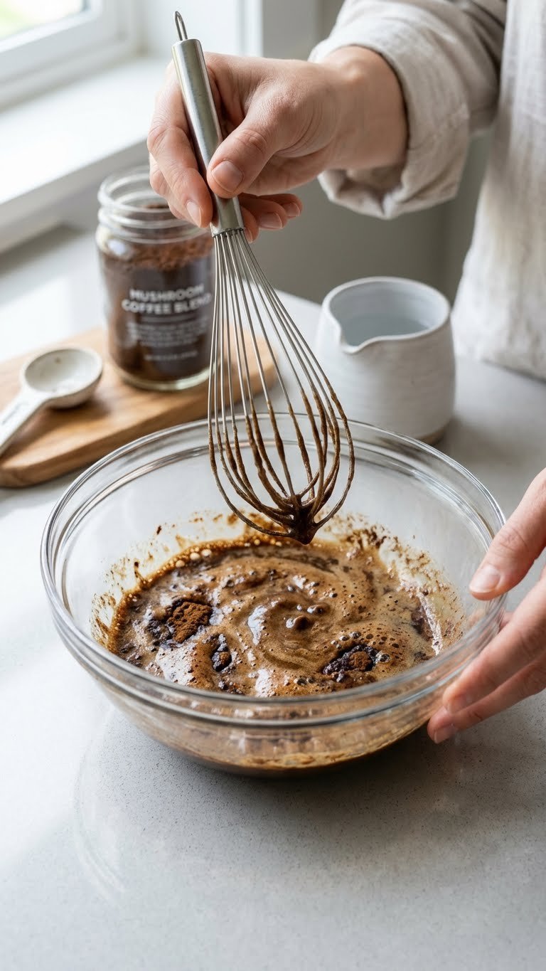 Mushroom Whipped Coffee: Ultimate Recipe for Focus & Energy 13 Hand holding a whisk troubleshooting partially whipped mushroom coffee mixture in a glass bowl on a kitchen counter with ingredients.