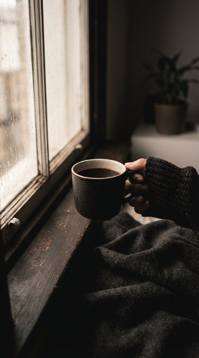 Hand holding dark coffee mug silhouetted against window light creating dramatic shadows in moody interior setting