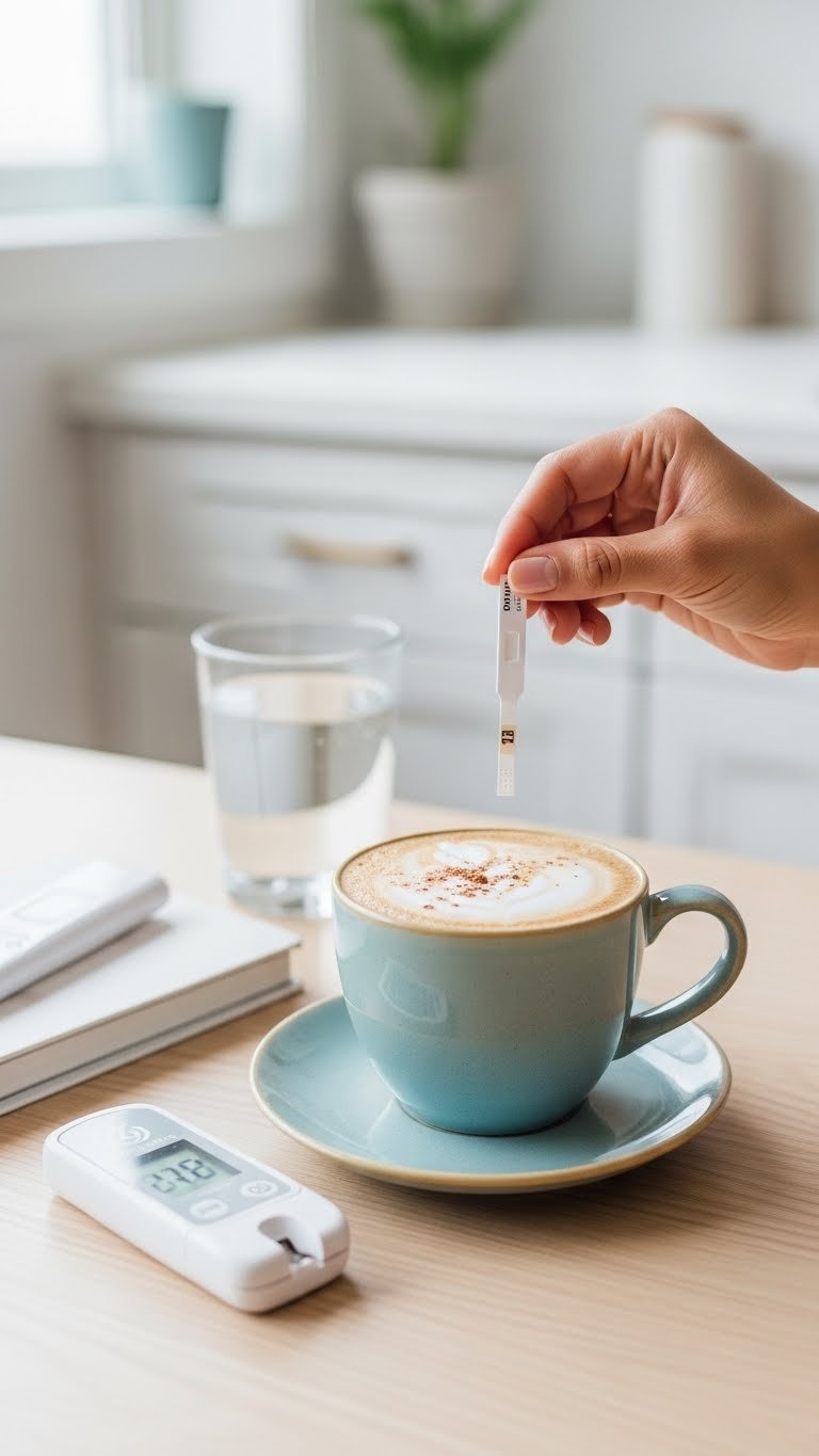 Hand holding keto testing strip showing positive ketone reading next to keto coffee with creamer