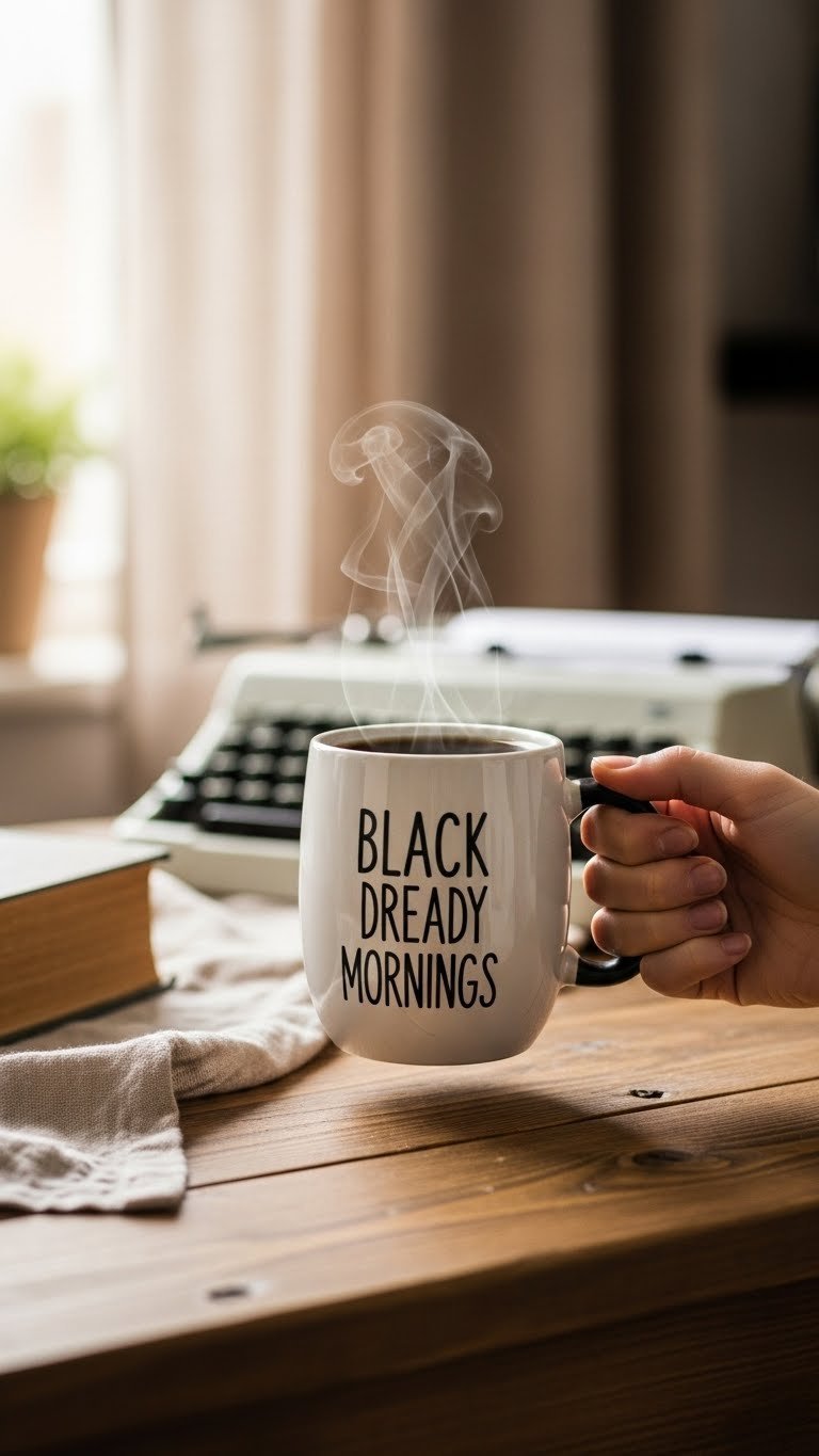 Hand holding unique black coffee mug with subtle dark humor design on rustic wooden table in cozy study setting