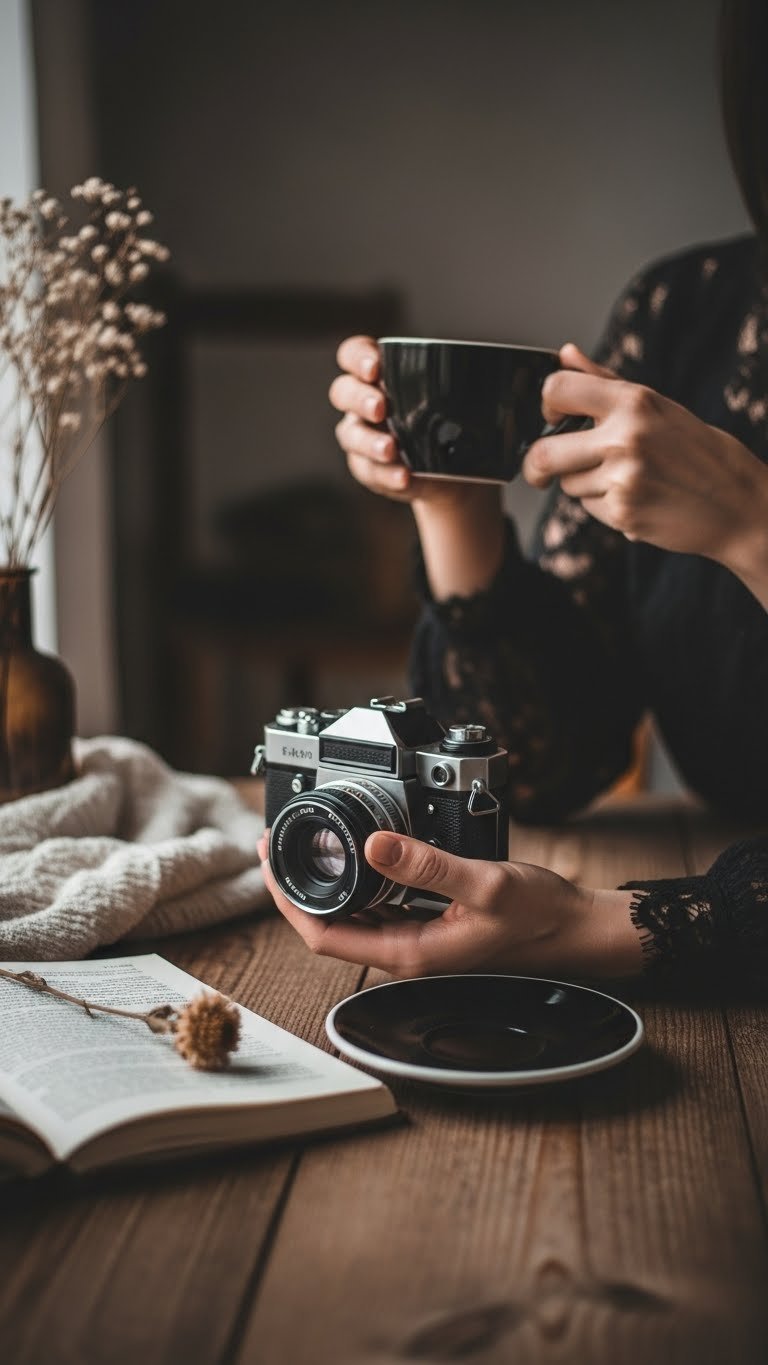 Hand holding vintage camera capturing person in lace-trimmed dress sipping black coffee in cozy room