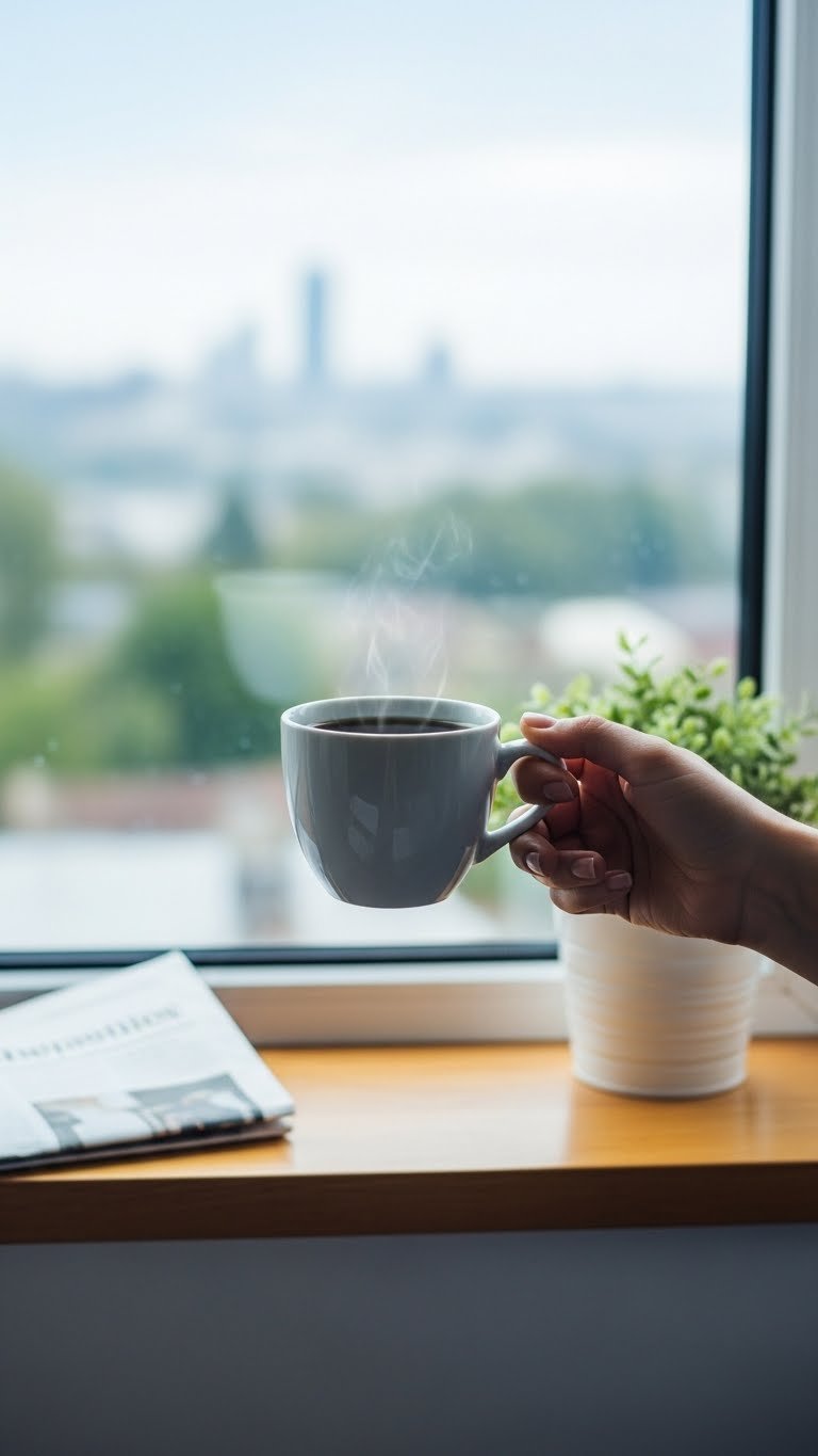 Hand holding white ceramic coffee mug near window with blurred outdoor landscape morning view