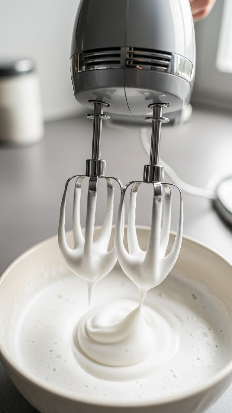 Whipped Coffee Meal Prep Proven Make Ahead Method for Busy Mornings 3 Hand mixer actively whipping airy Dalgona coffee foam into soft peaks in a bowl, brightly lit kitchen environment.